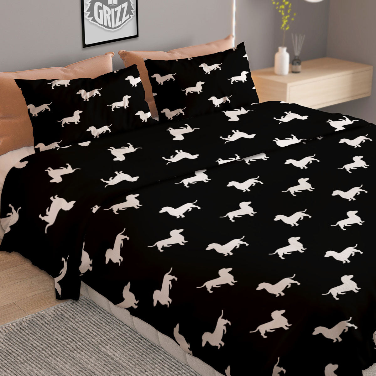 Dachshund White And Black Print Pattern Duvet Cover Bedding Set