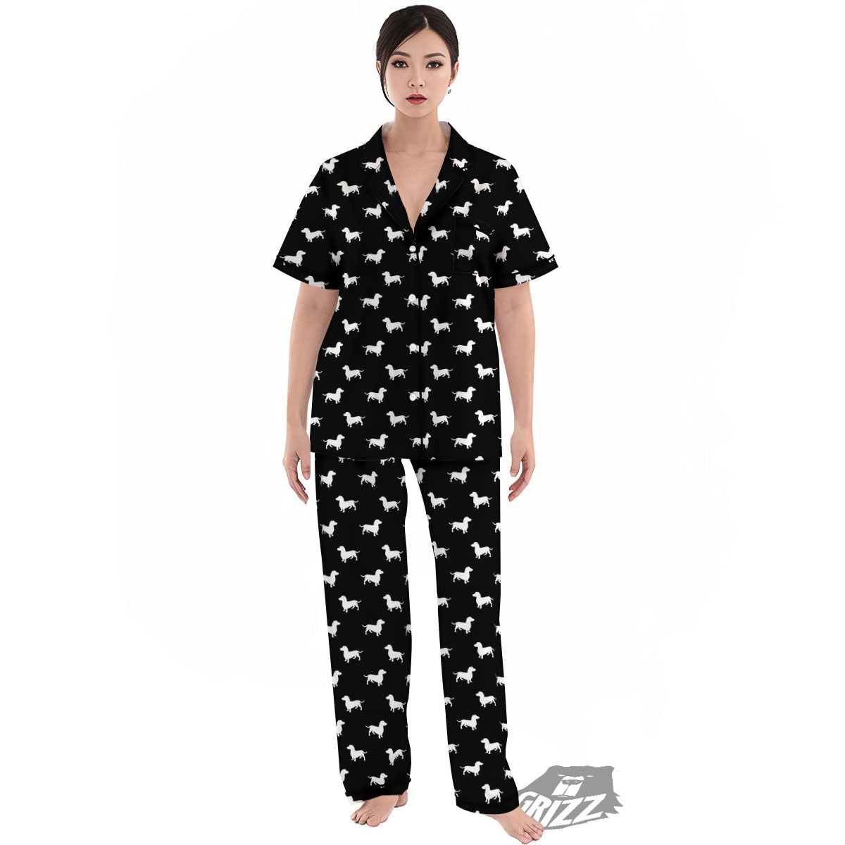 Dachshund White And Black Print Pattern Women's Pajamas Set-grizzshop
