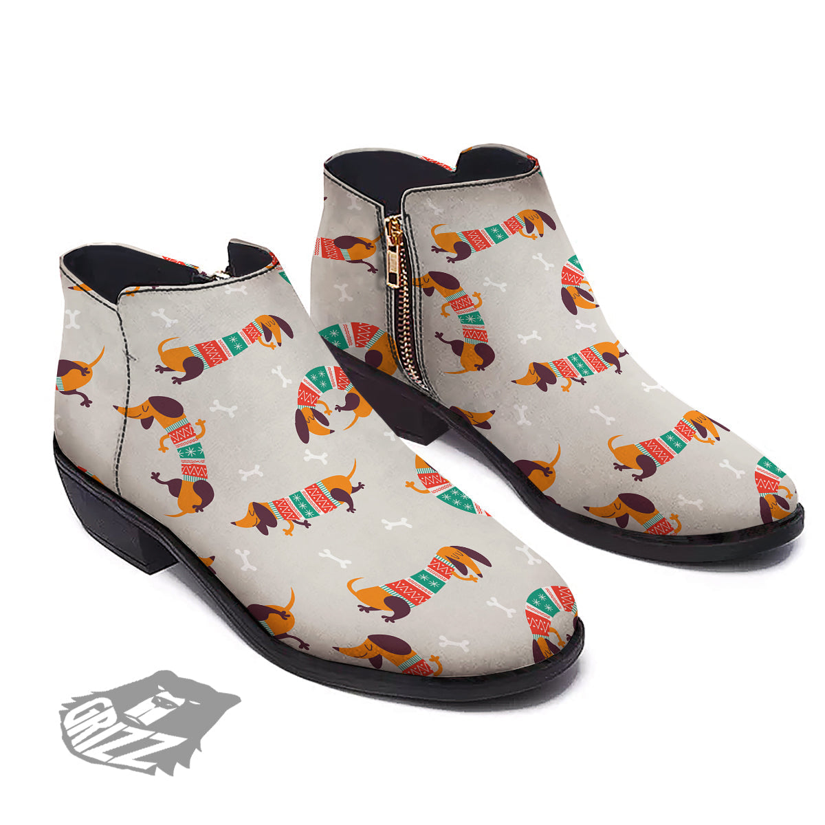 Dachshund Xmas Print Pattern Ankle Boots-grizzshop