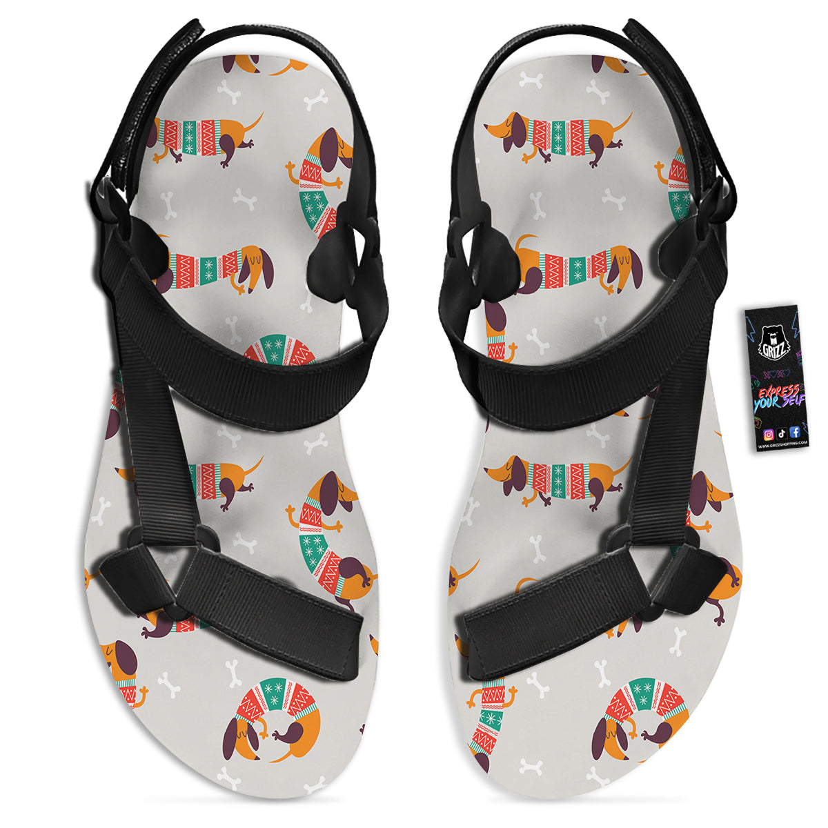 Dachshund Xmas Print Pattern Black Open Toe Sandals-grizzshop