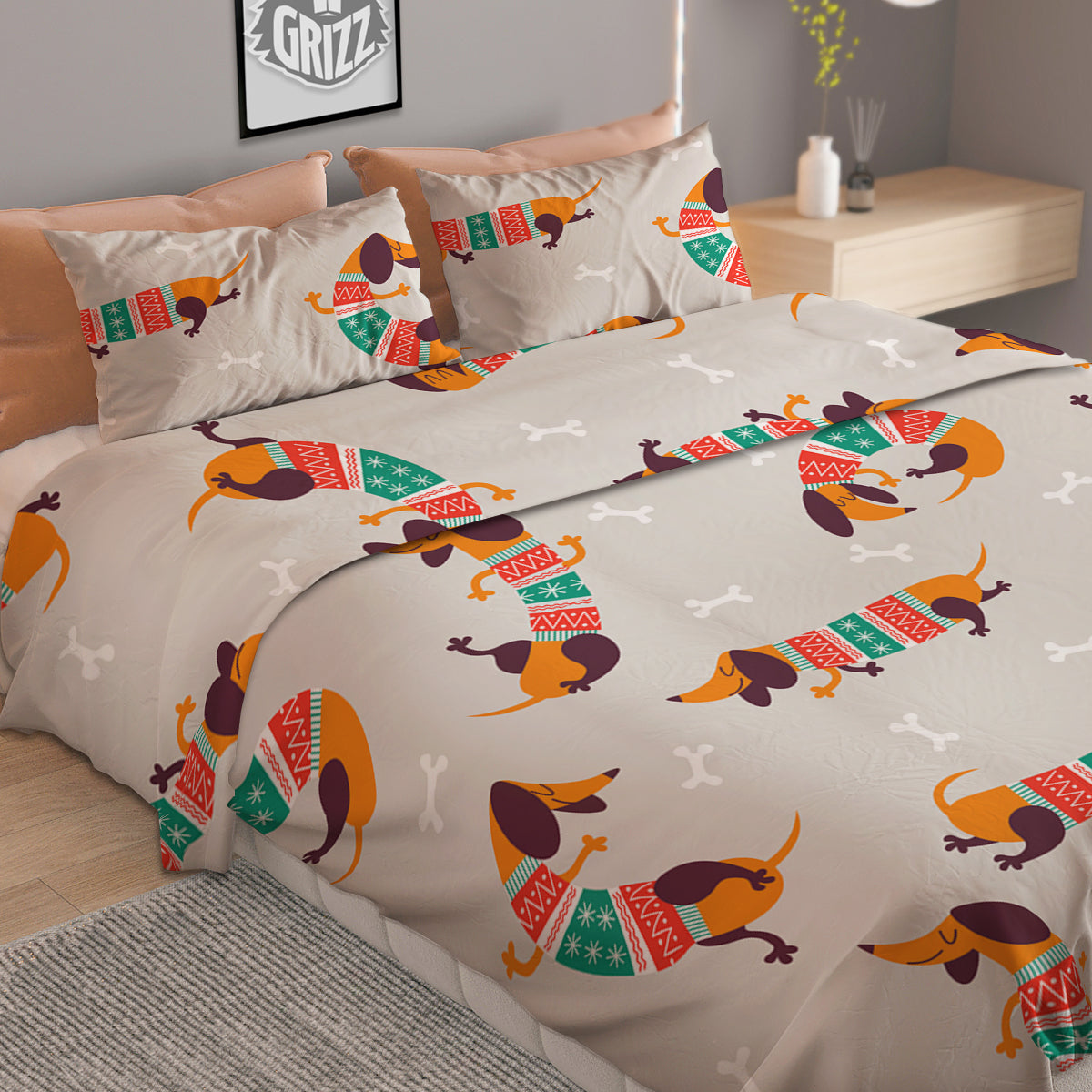 Dachshund Xmas Print Pattern Duvet Cover Bedding Set