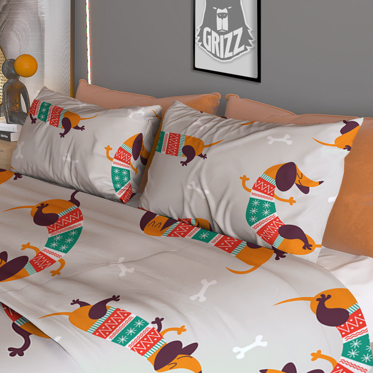 Dachshund Xmas Print Pattern Duvet Cover Bedding Set
