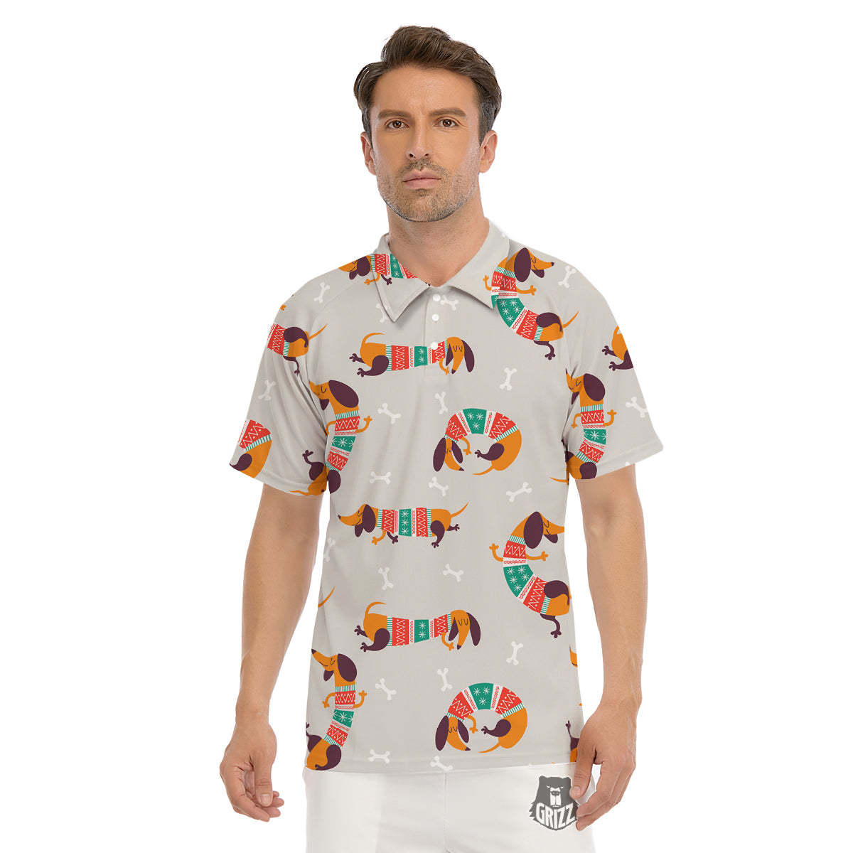 Dachshund Xmas Print Pattern Men's Golf Shirts-grizzshop