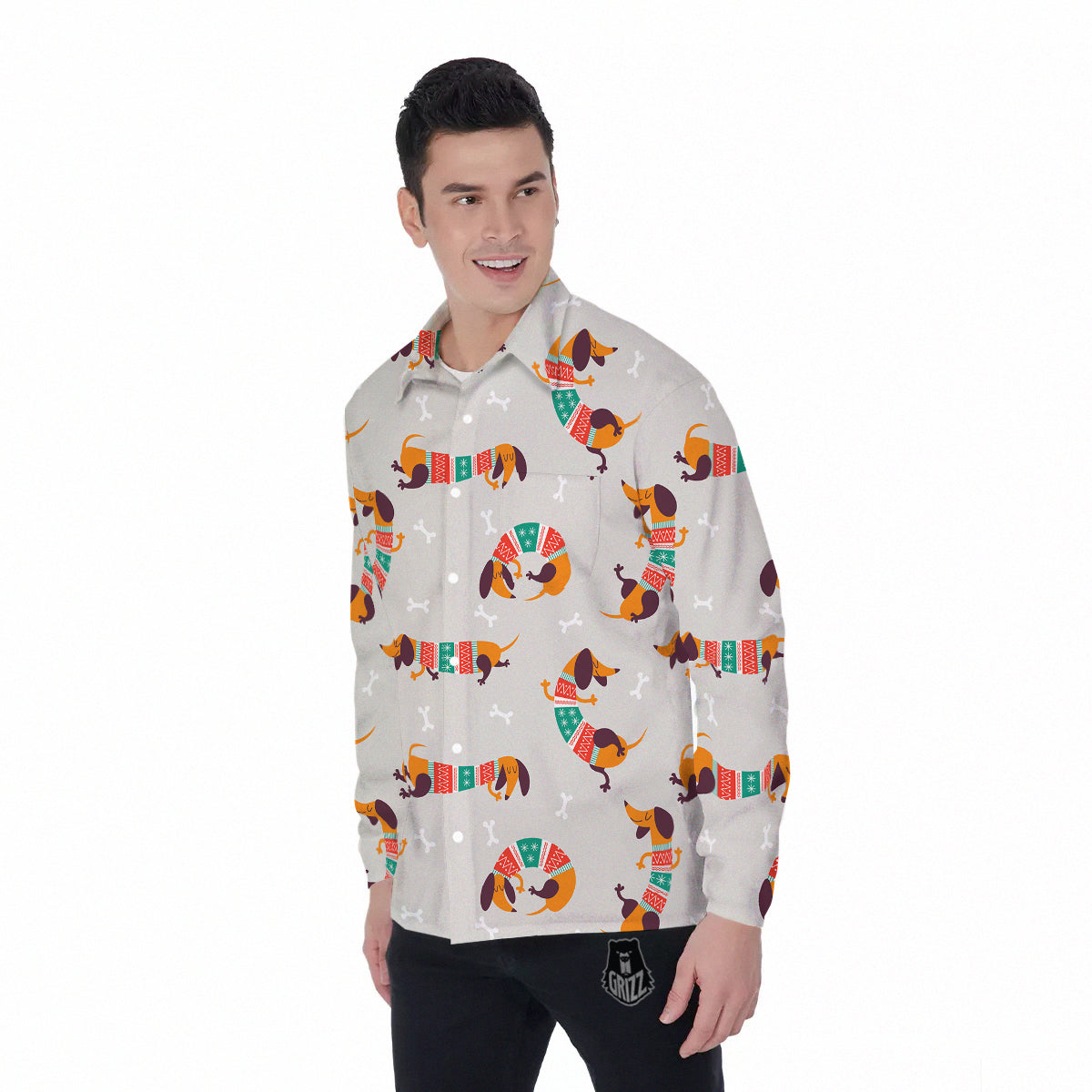 Dachshund Xmas Print Pattern Men's Long Sleeve Shirts-grizzshop