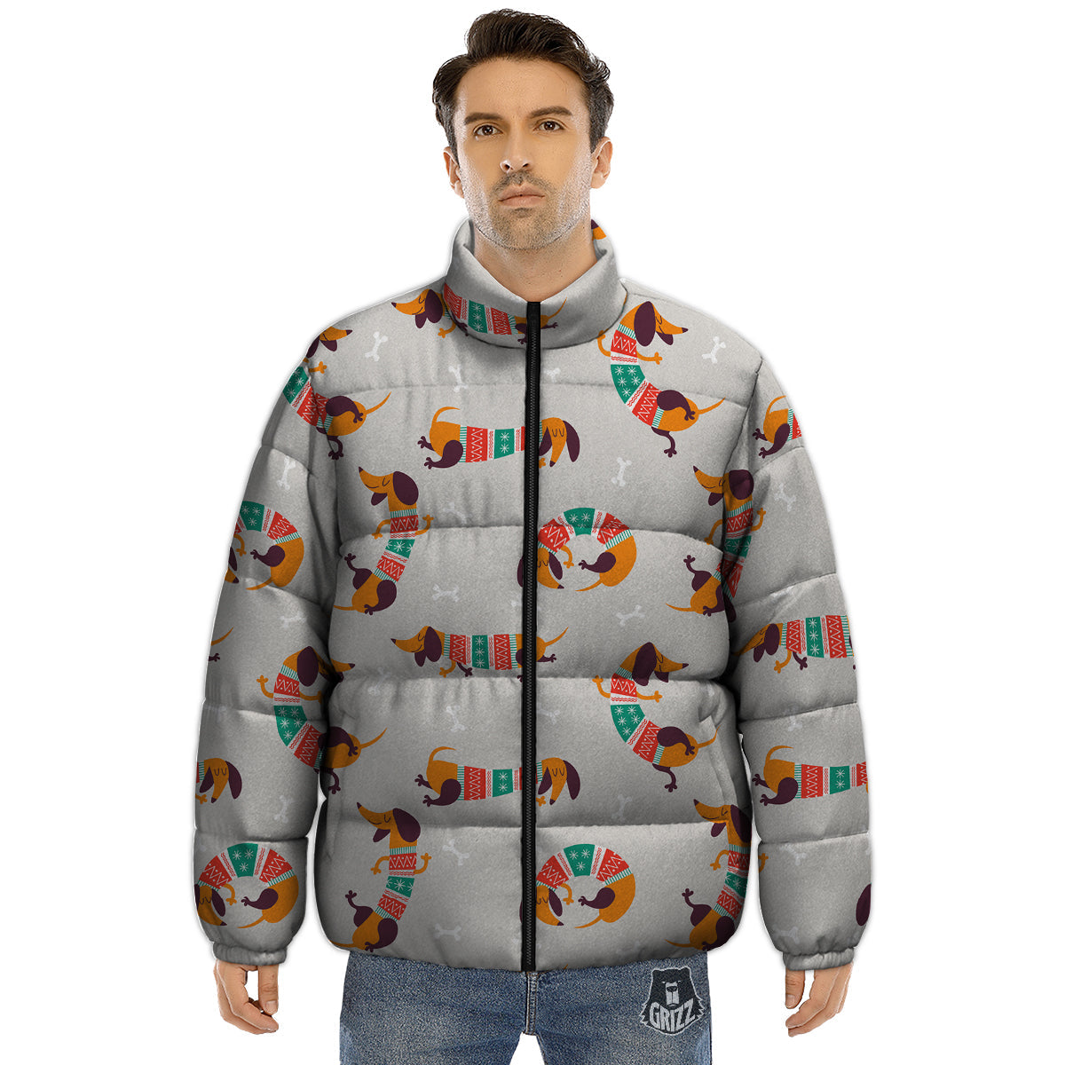 Dachshund Xmas Print Pattern Puffer Jacket-grizzshop