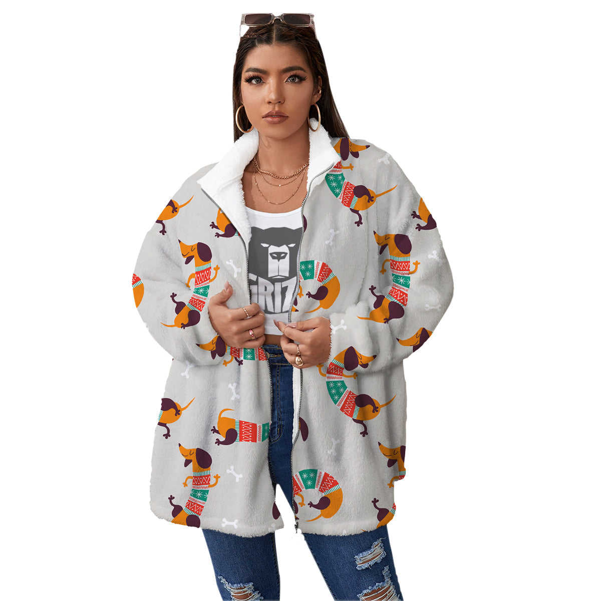 Dachshund Xmas Print Pattern Women's Sherpa Jacket-grizzshop