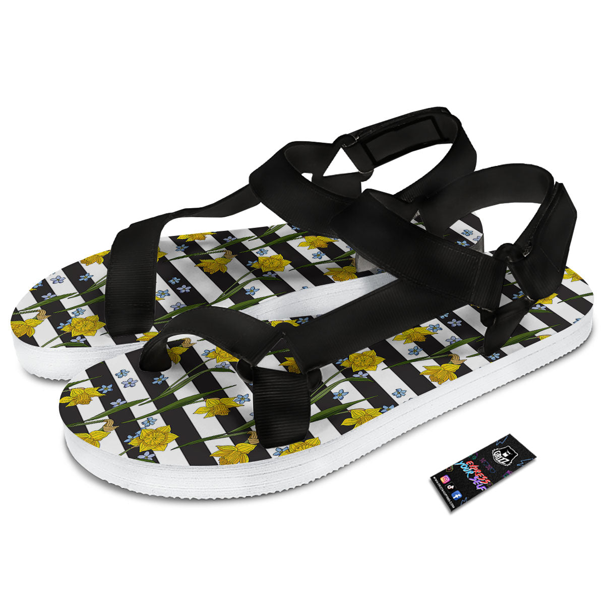 Daffodil Black Striped Print Pattern Black Open Toe Sandals-grizzshop