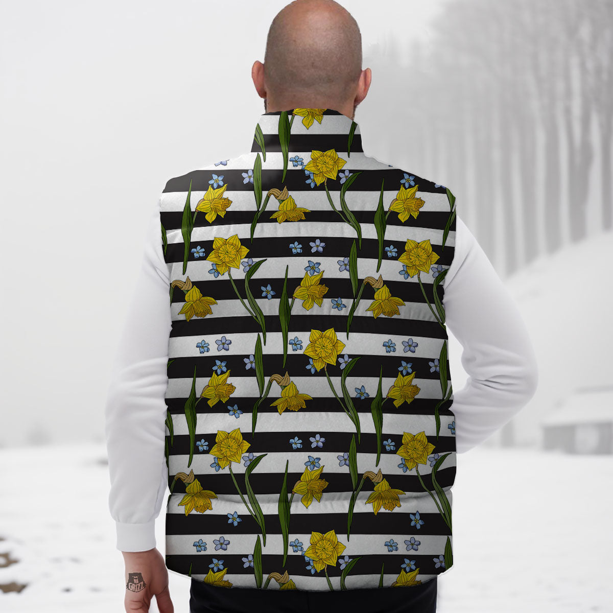 Daffodil Black Striped Print Pattern Down Vest-grizzshop
