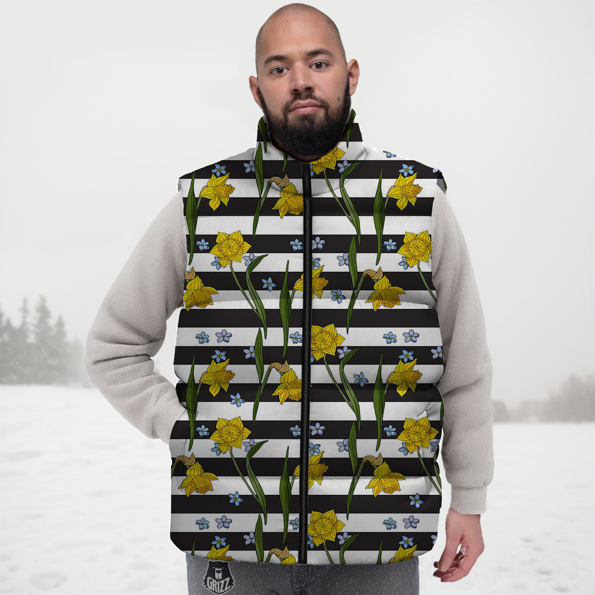 Daffodil Black Striped Print Pattern Down Vest-grizzshop