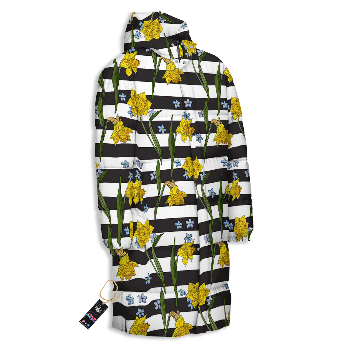 Daffodil Black Striped Print Pattern Long Down Jacket-grizzshop