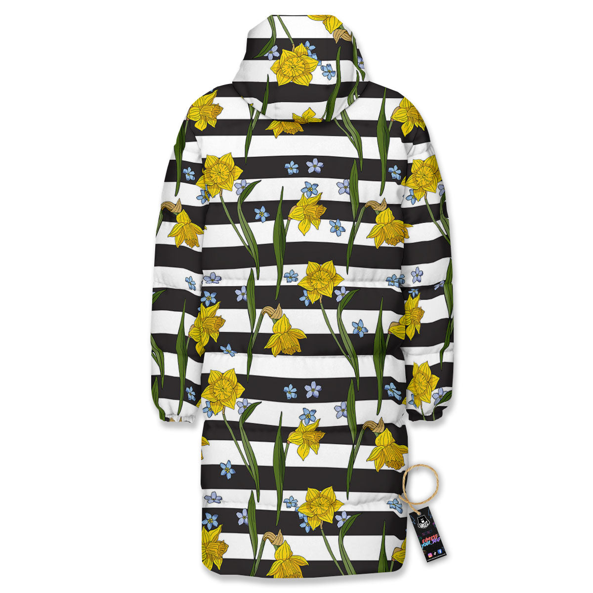 Daffodil Black Striped Print Pattern Long Down Jacket-grizzshop