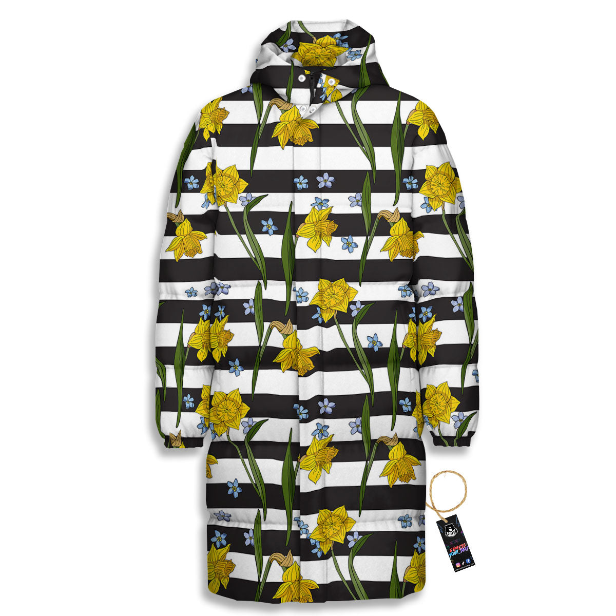 Daffodil Black Striped Print Pattern Long Down Jacket-grizzshop