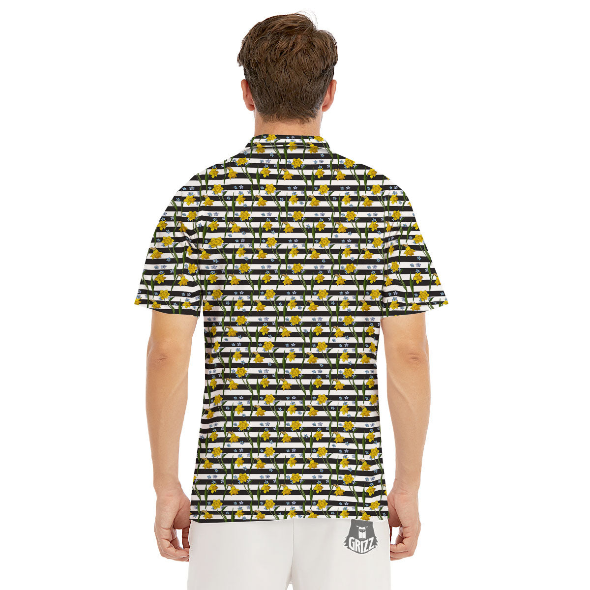 Daffodil Black Striped Print Pattern Men's Golf Shirts-grizzshop