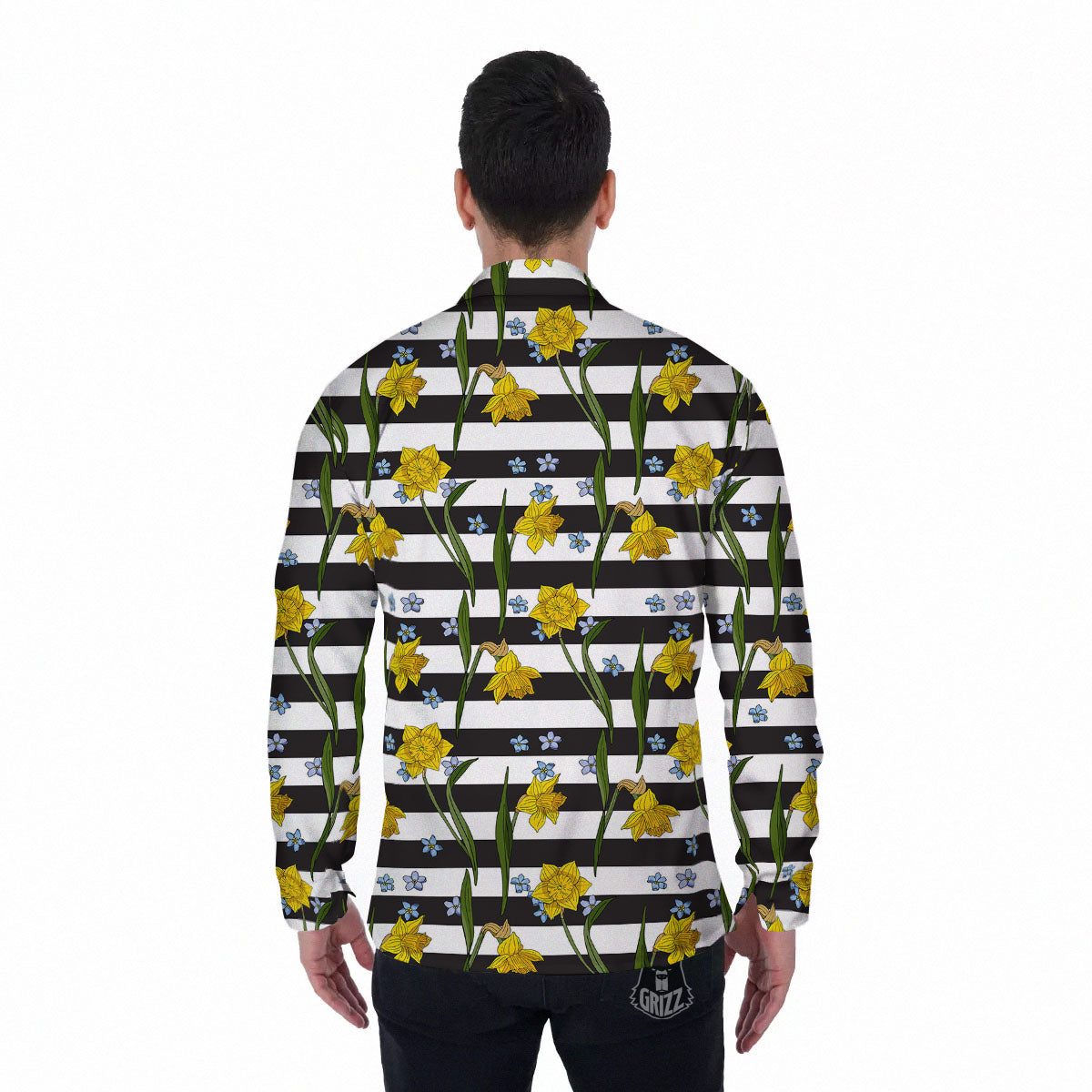 Daffodil Black Striped Print Pattern Men's Long Sleeve Shirts-grizzshop