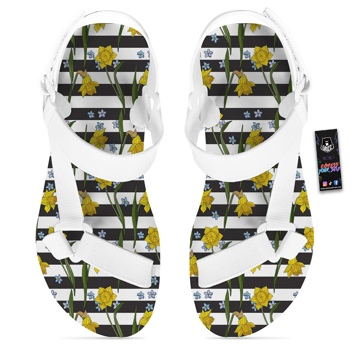 Daffodil Black Striped Print Pattern White Open Toe Sandals-grizzshop