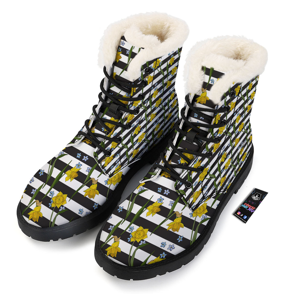 Daffodil Black Striped Print Pattern Winter Boots-grizzshop