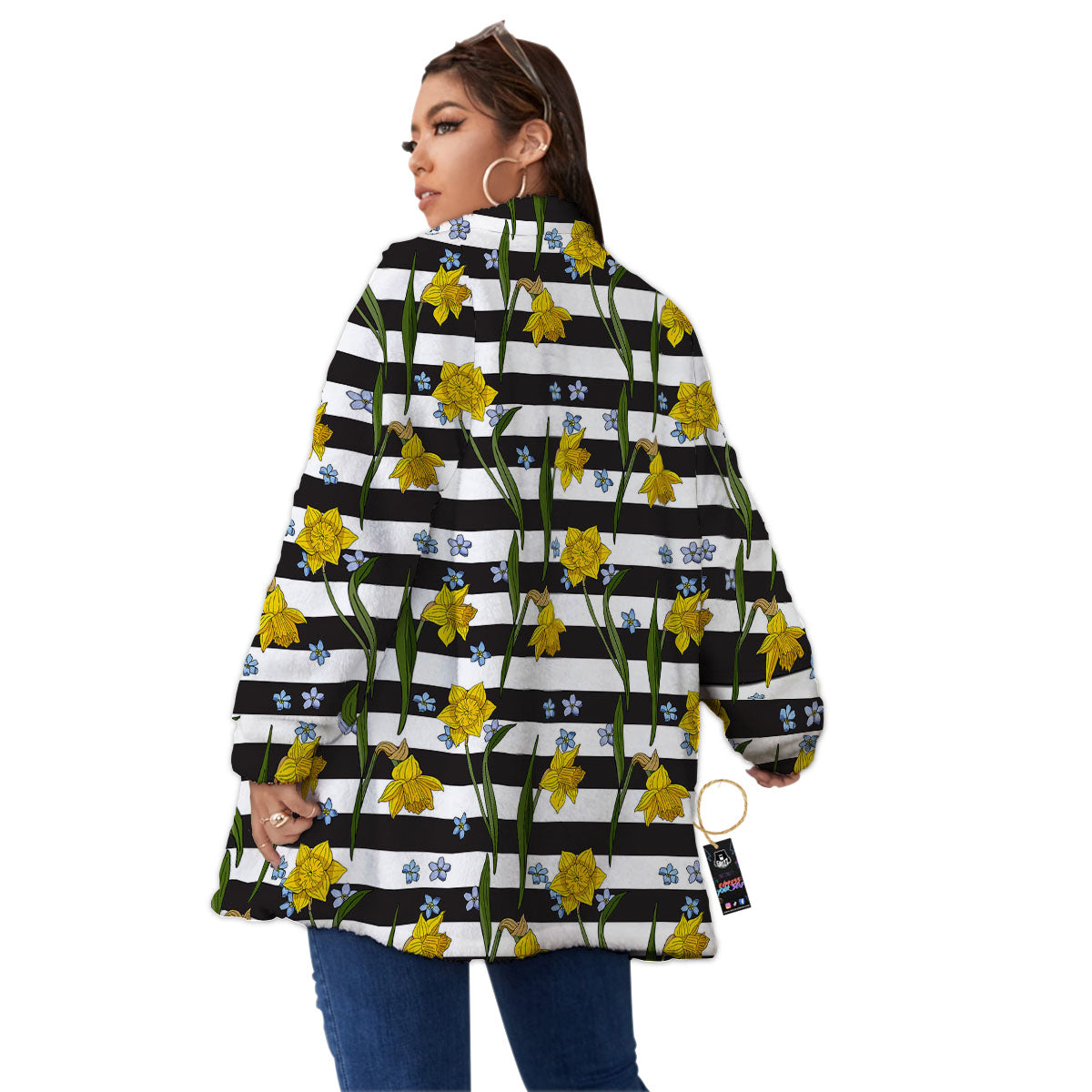 Daffodil Black Striped Print Pattern Women's Sherpa Jacket-grizzshop