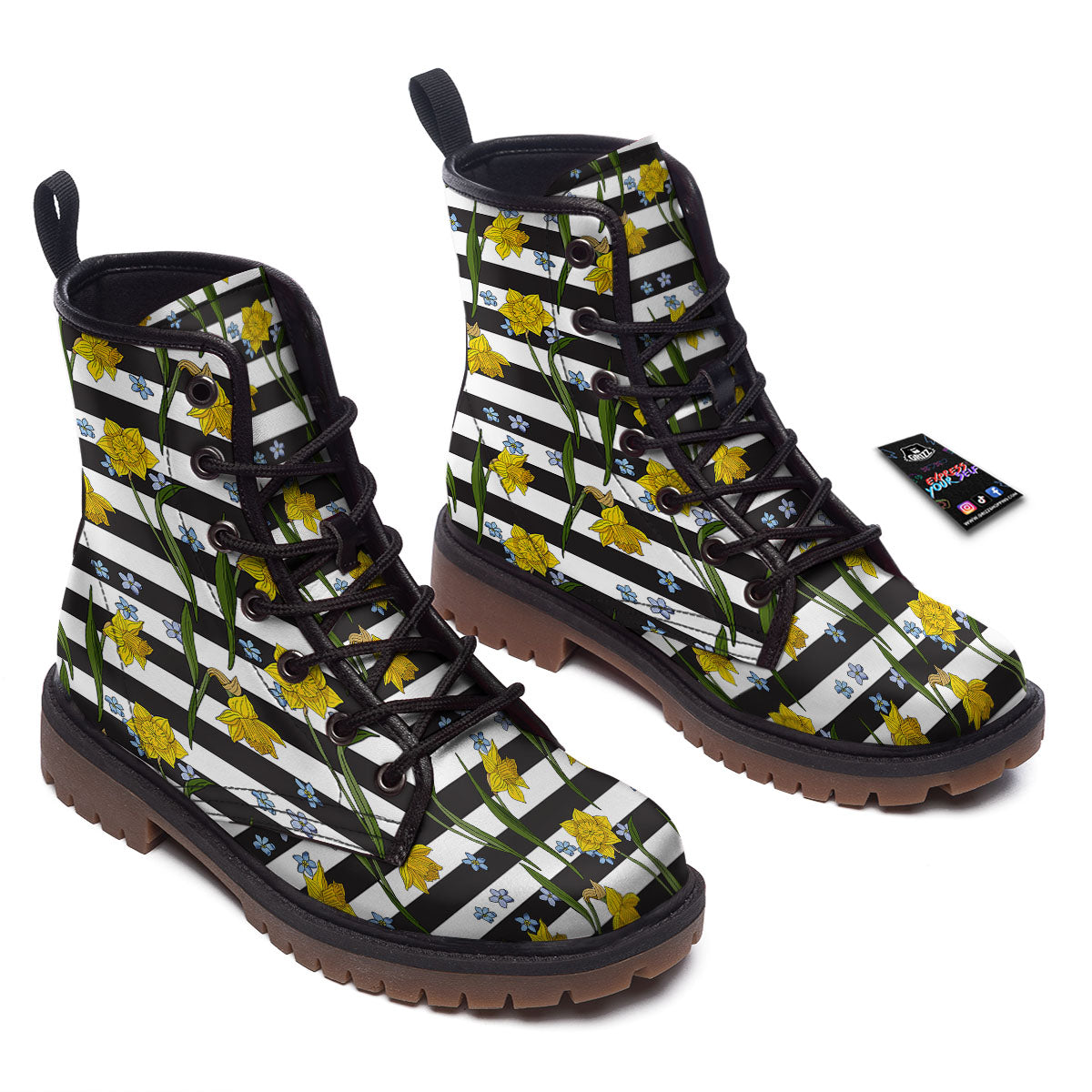 Daffodil Black Striped Print Pattern Work Boots-grizzshop
