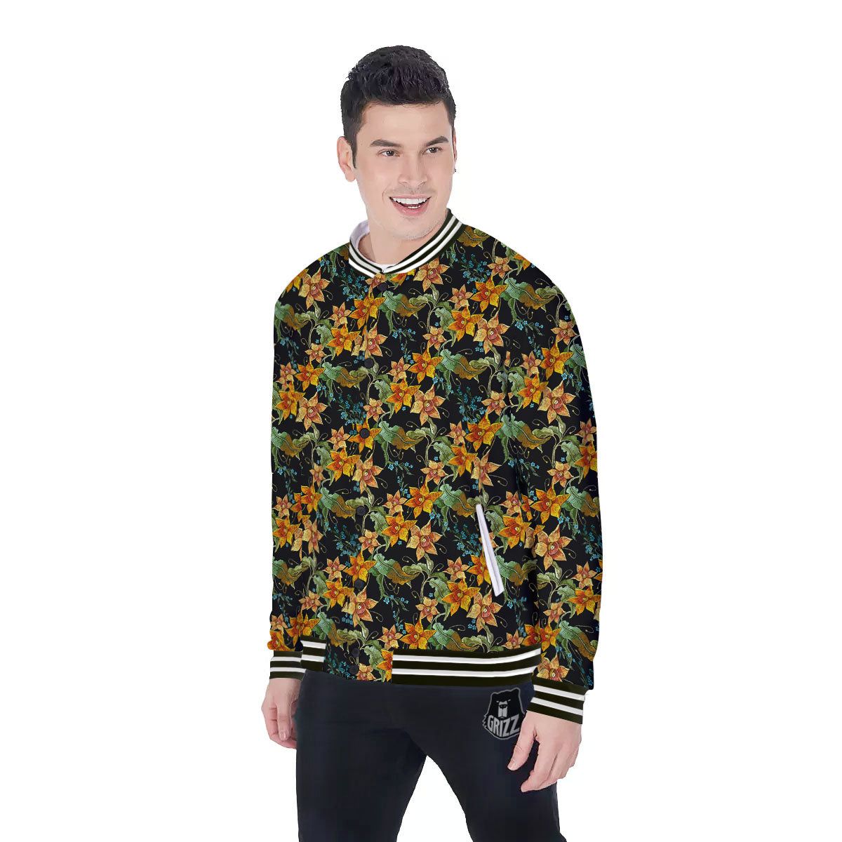 Daffodil Yellow And Black Print Pattern Baseball Jacket-grizzshop