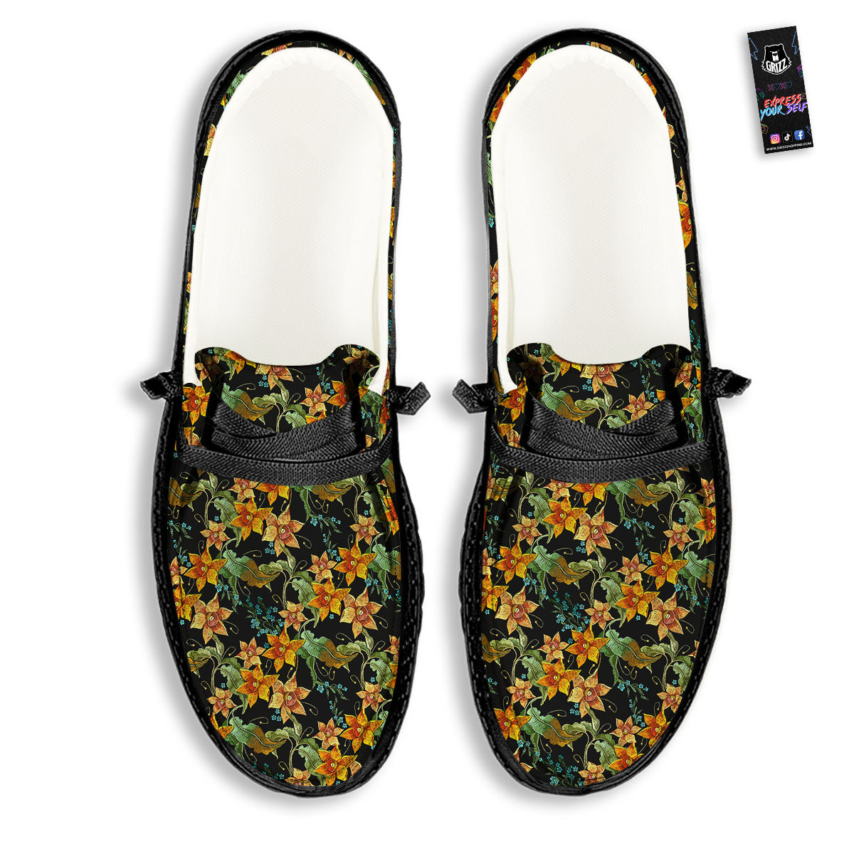 Daffodil Yellow And Black Print Pattern Black Loafers-grizzshop