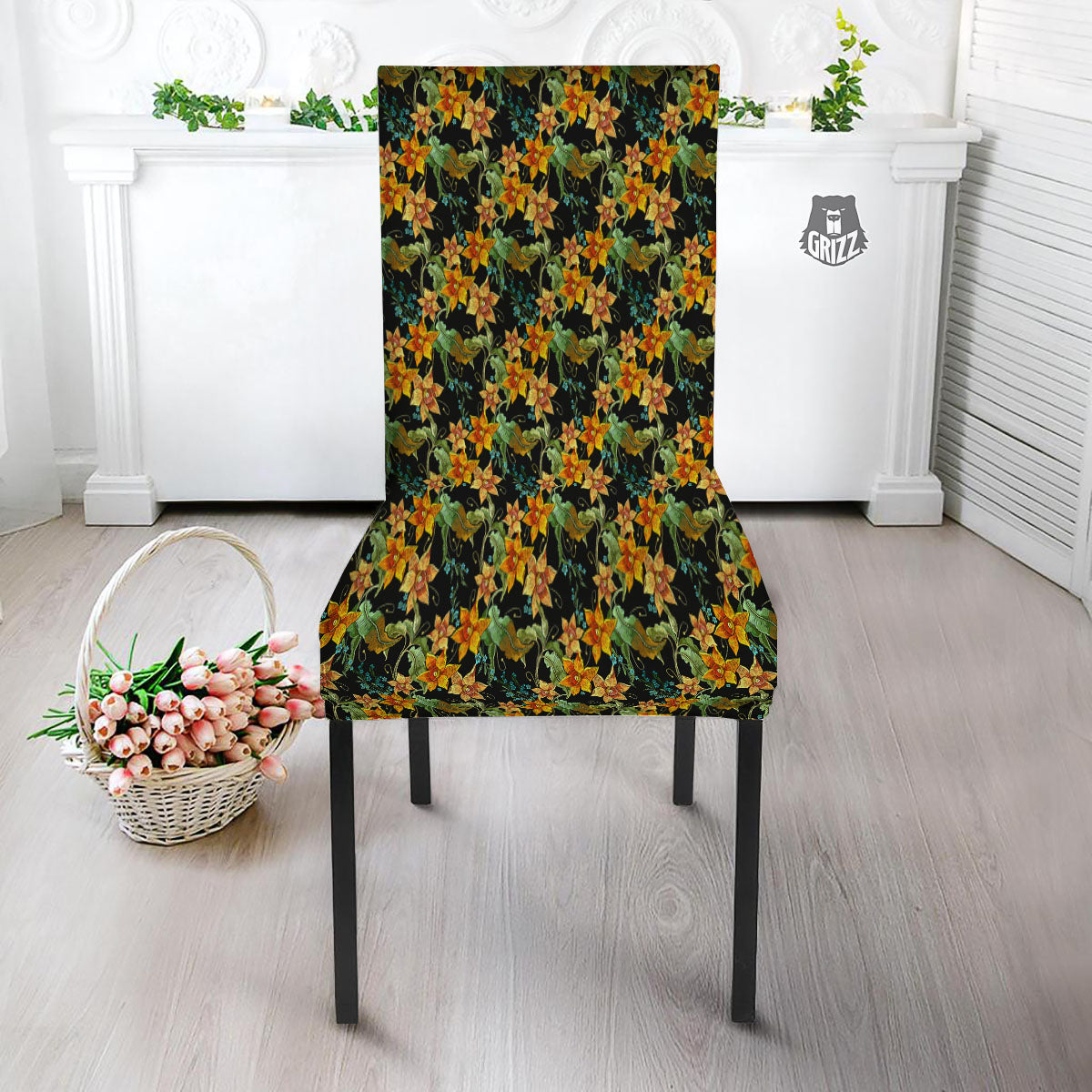 Daffodil Yellow And Black Print Pattern Dining Chair Slipcover-grizzshop