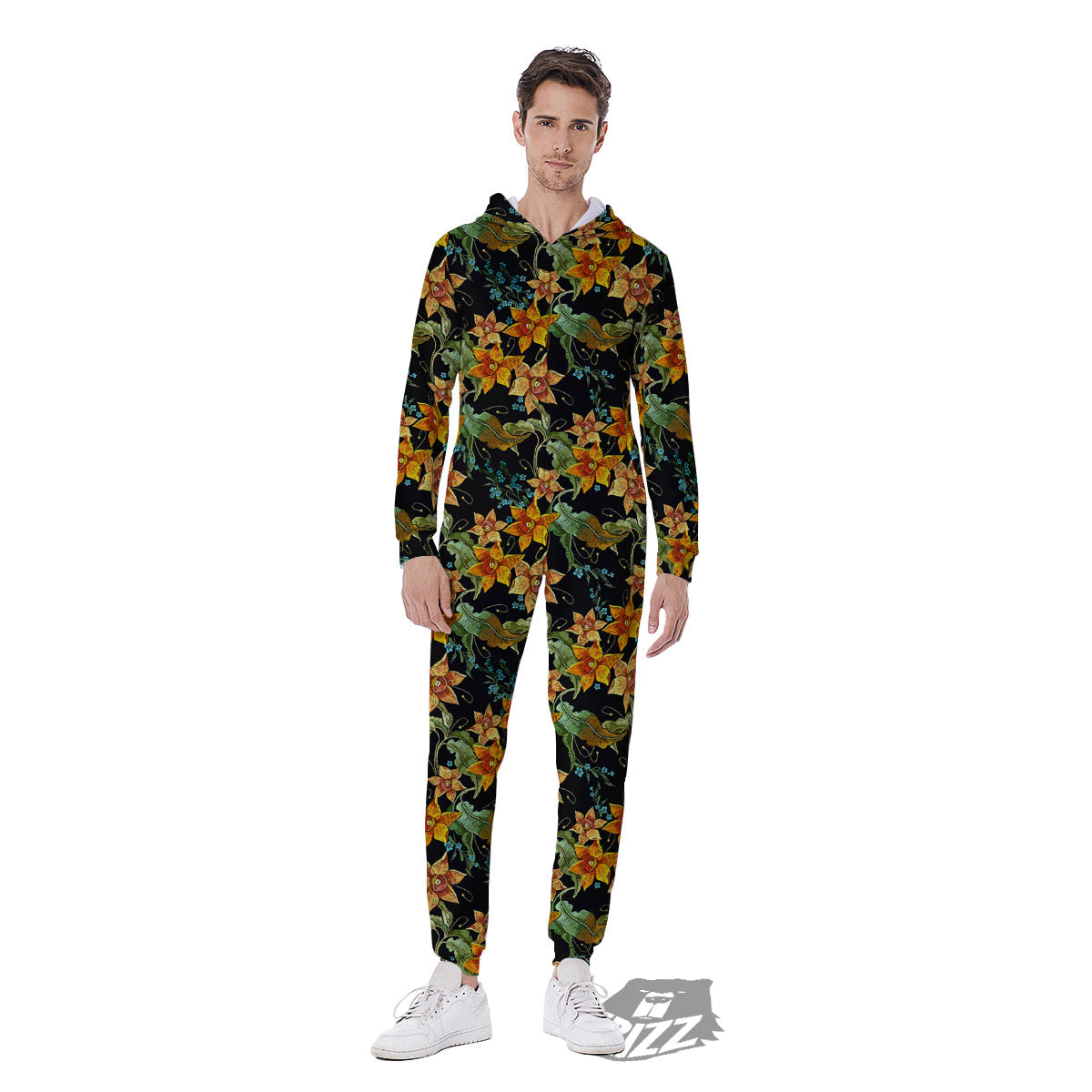 Daffodil Yellow And Black Print Pattern Men's Jumpsuit-grizzshop