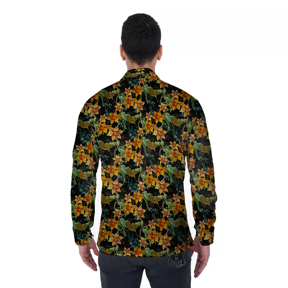 Daffodil Yellow And Black Print Pattern Men's Long Sleeve Shirts-grizzshop