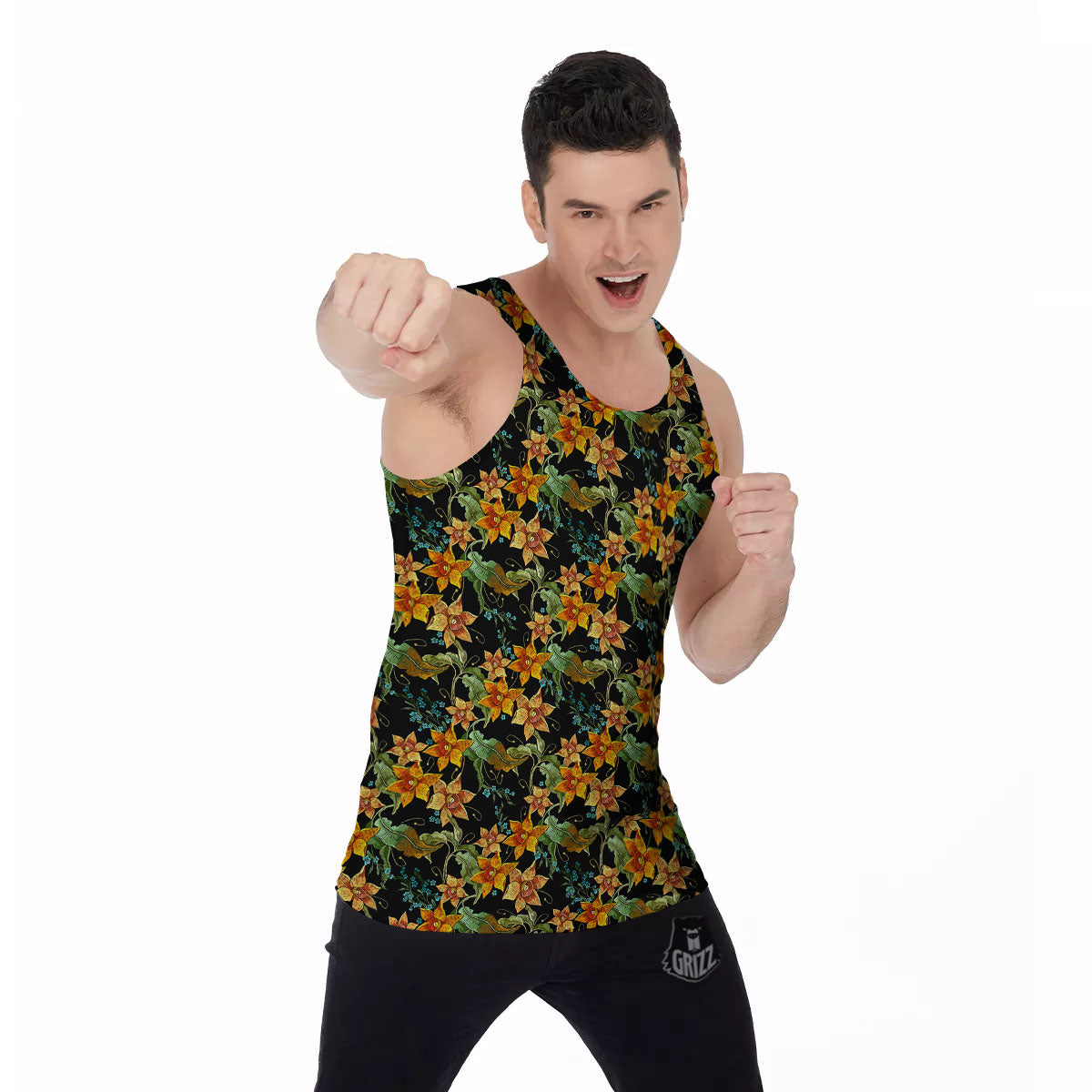 Daffodil Yellow And Black Print Pattern Men's Tank Top-grizzshop
