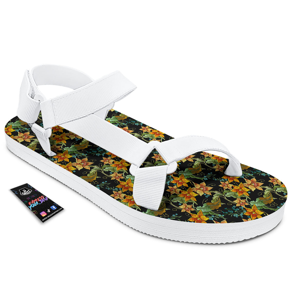 Daffodil Yellow And Black Print Pattern White Open Toe Sandals-grizzshop