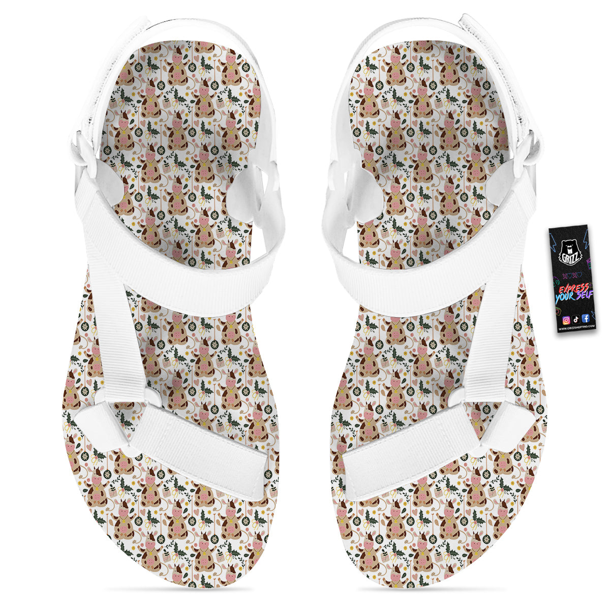 Dairy Cow Cartoon Happy Print Pattern White Open Toe Sandals-grizzshop
