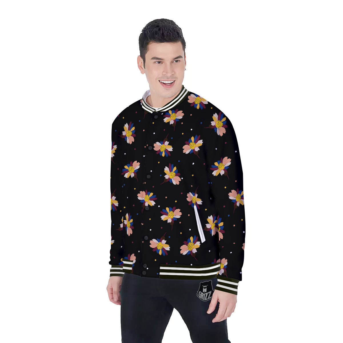 Daisy Floral Polka Dot Print Pattern Baseball Jacket-grizzshop