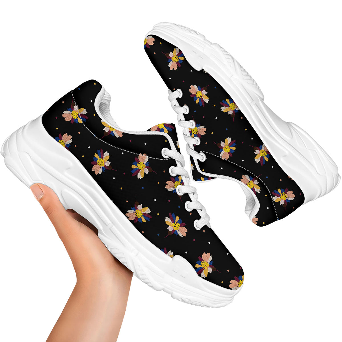 Daisy Floral Polka Dot Print Pattern White Chunky Shoes-grizzshop