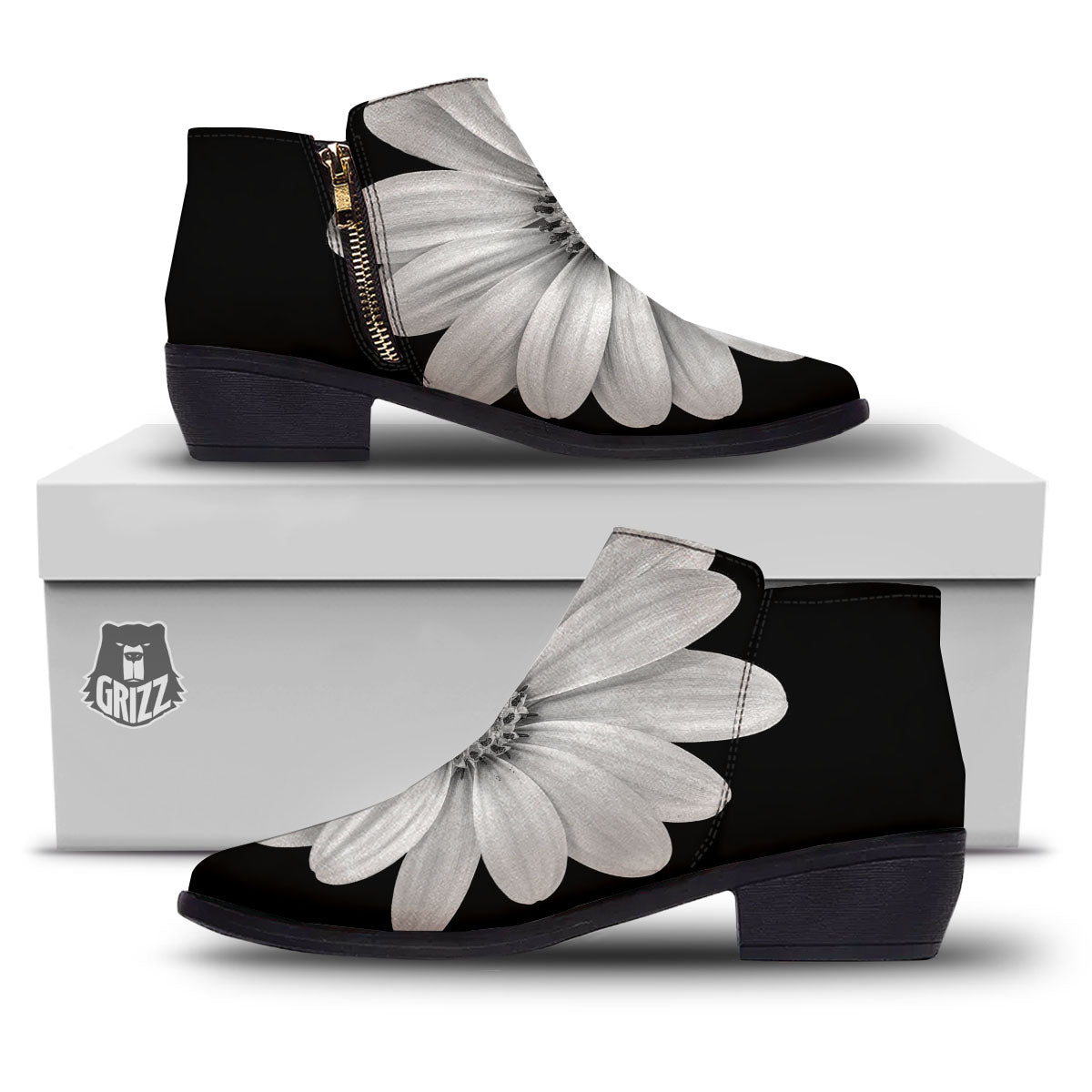 Daisy Flower Monochrome Print Ankle Boots-grizzshop
