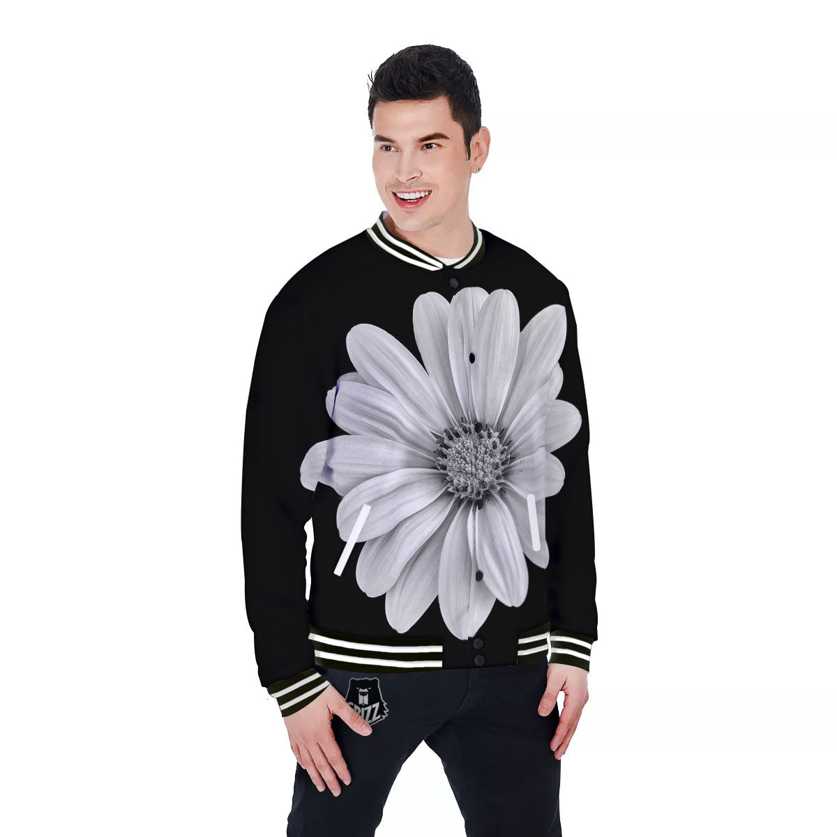 Daisy Flower Monochrome Print Baseball Jacket-grizzshop