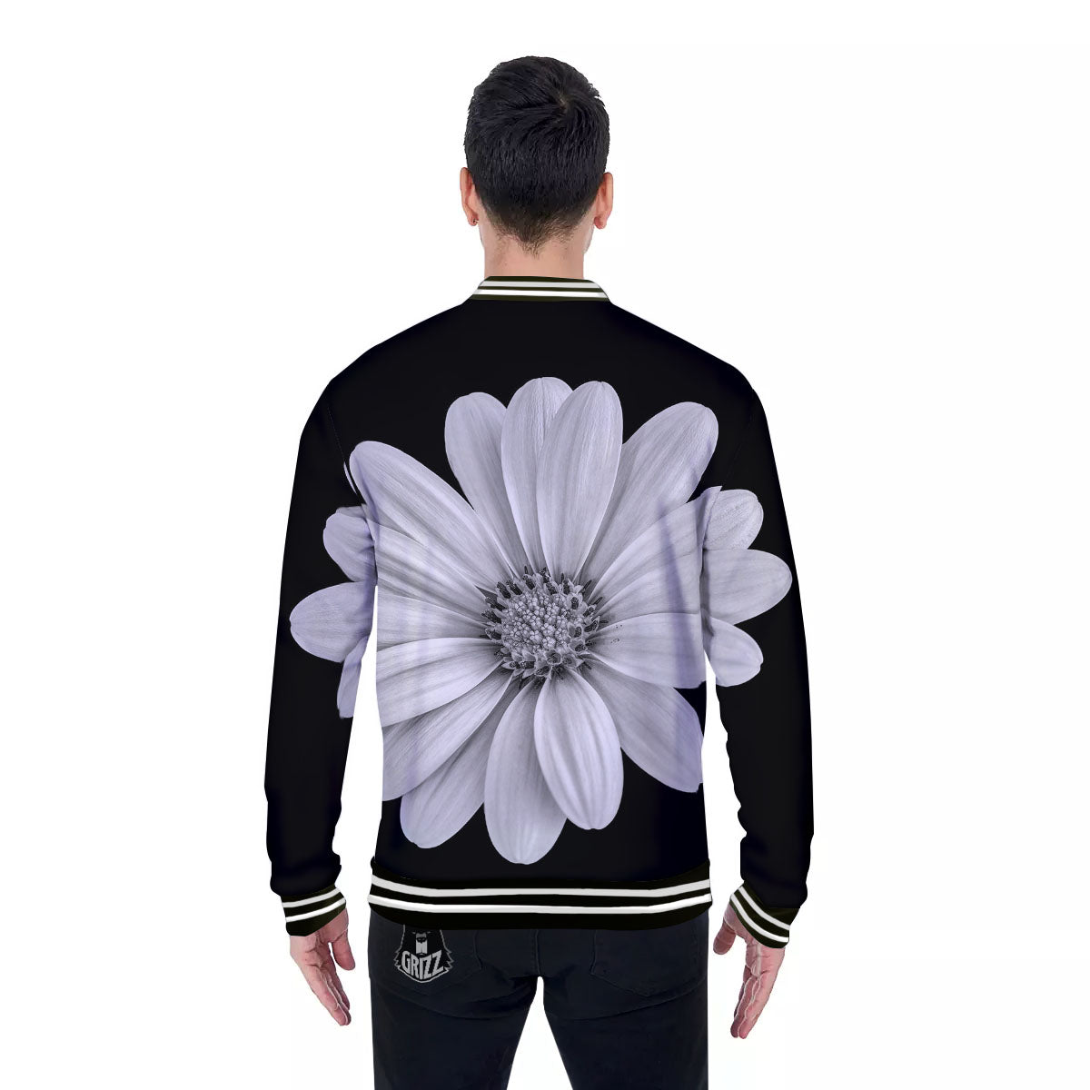 Daisy Flower Monochrome Print Baseball Jacket-grizzshop