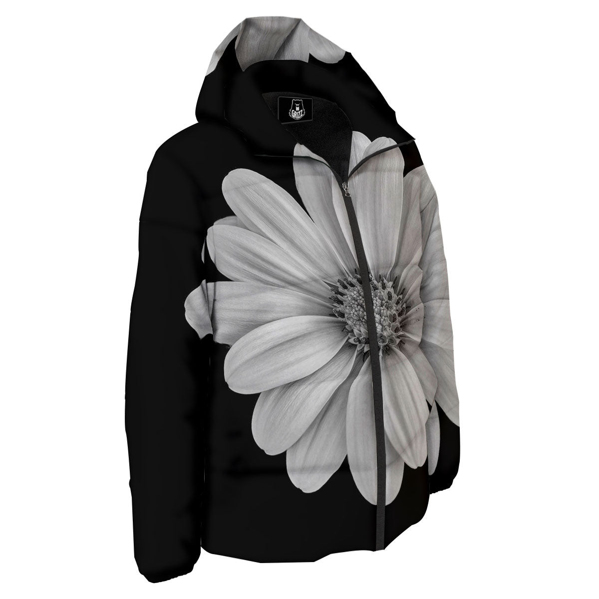Daisy Flower Monochrome Print Down Jacket-grizzshop