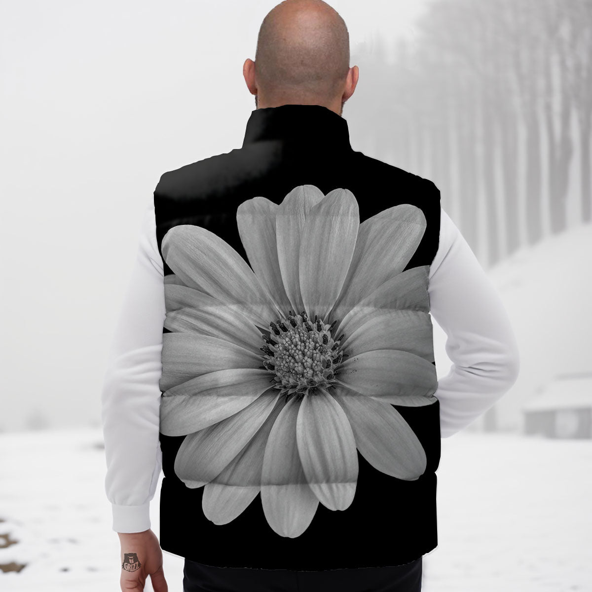 Daisy Flower Monochrome Print Down Vest-grizzshop