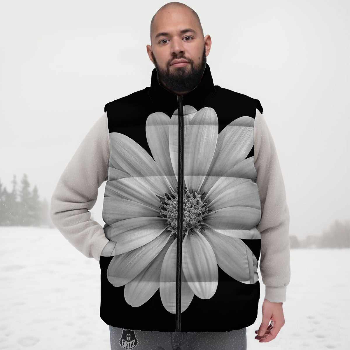 Daisy Flower Monochrome Print Down Vest-grizzshop