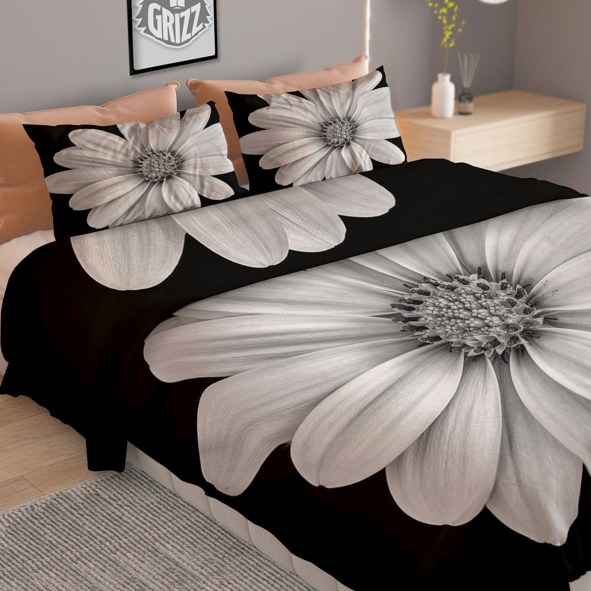 Daisy Flower Monochrome Print Duvet Cover Bedding Set