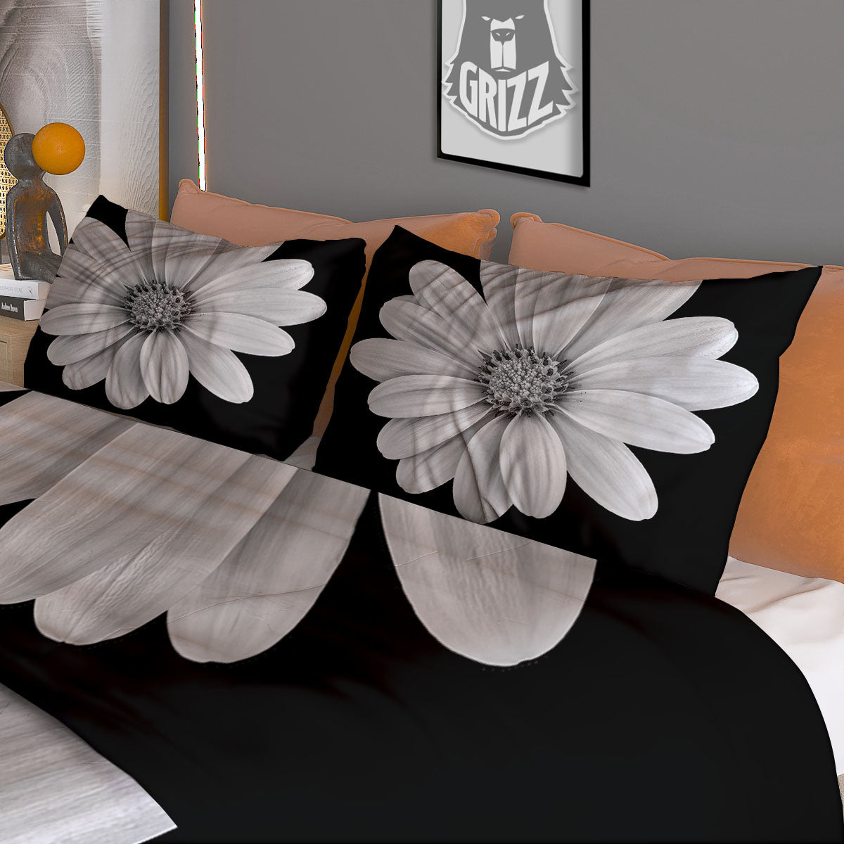 Daisy Flower Monochrome Print Duvet Cover Bedding Set