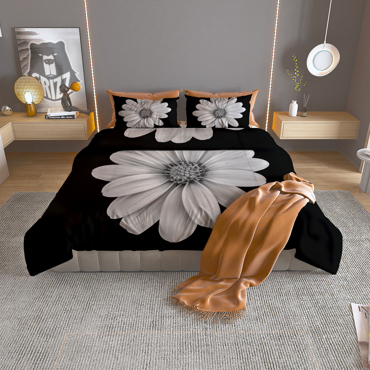 Daisy Flower Monochrome Print Duvet Cover Bedding Set