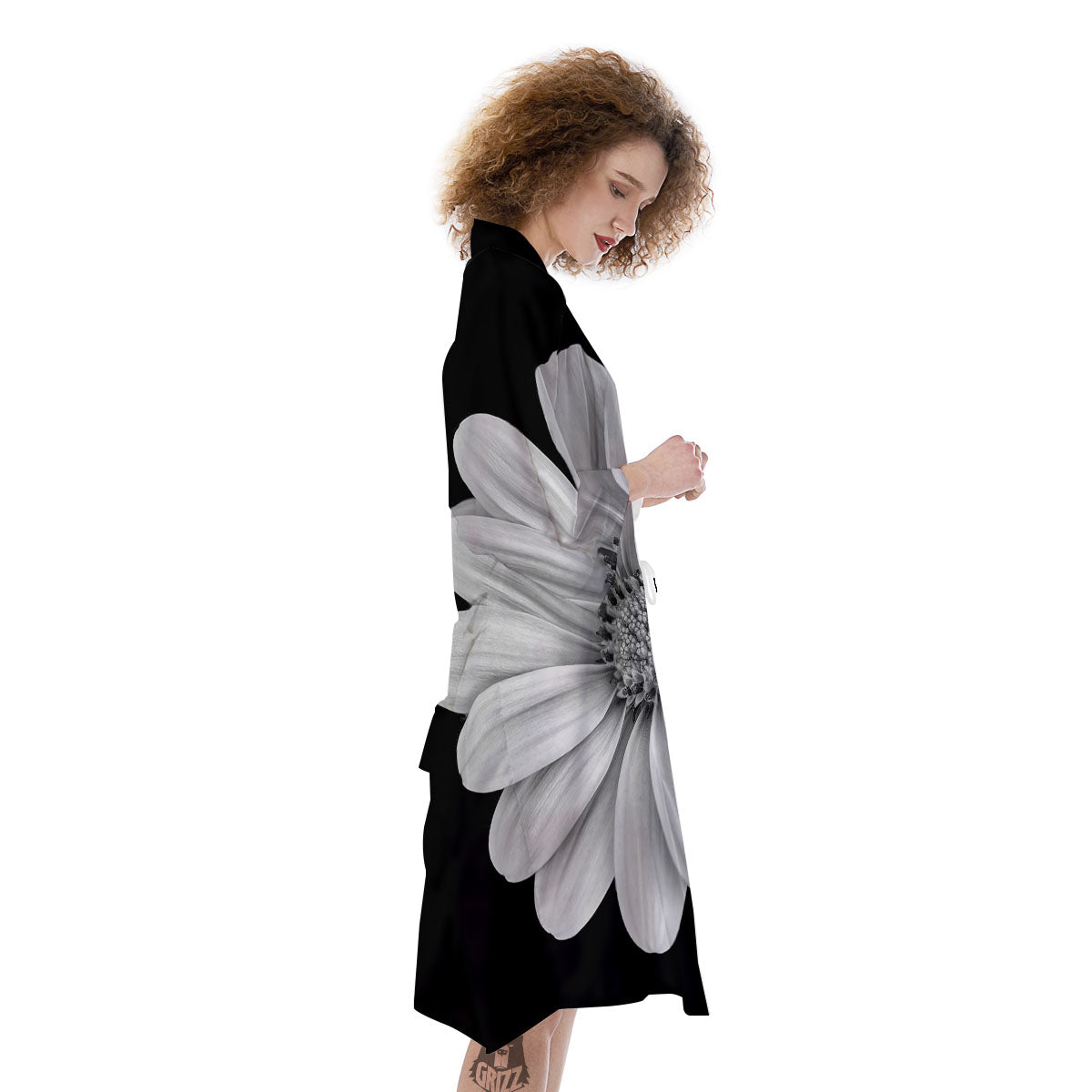 Daisy Flower Monochrome Print Kimono-grizzshop