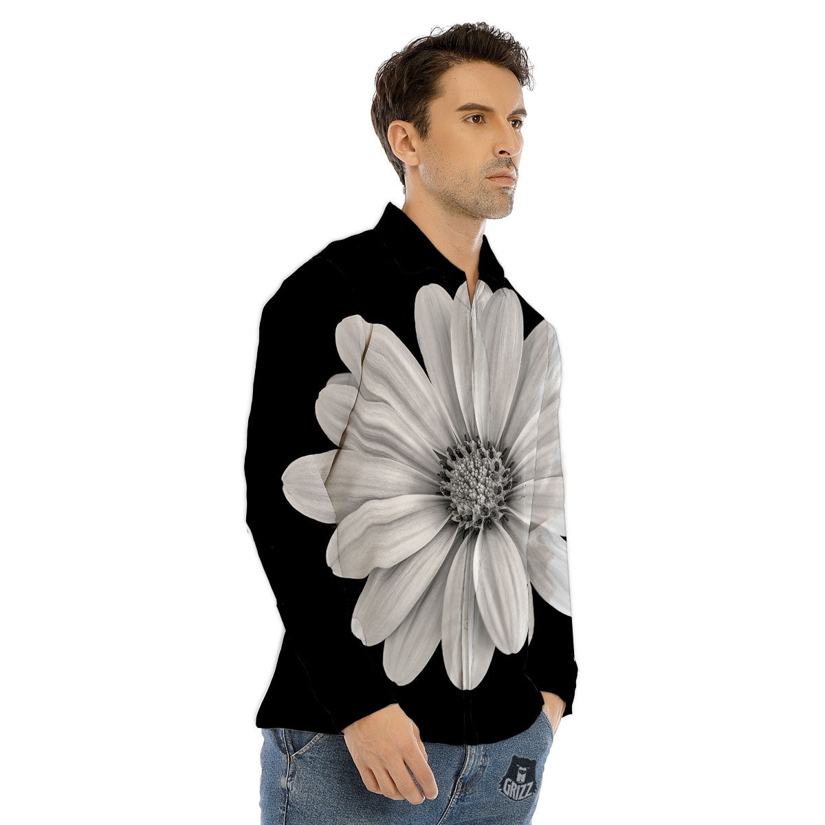 Daisy Flower Monochrome Print Men's Dress Shirts-grizzshop