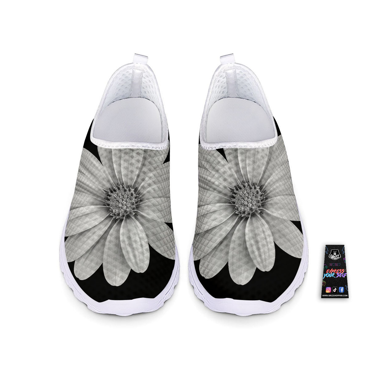 Daisy Flower Monochrome Print Nurse Shoes-grizzshop