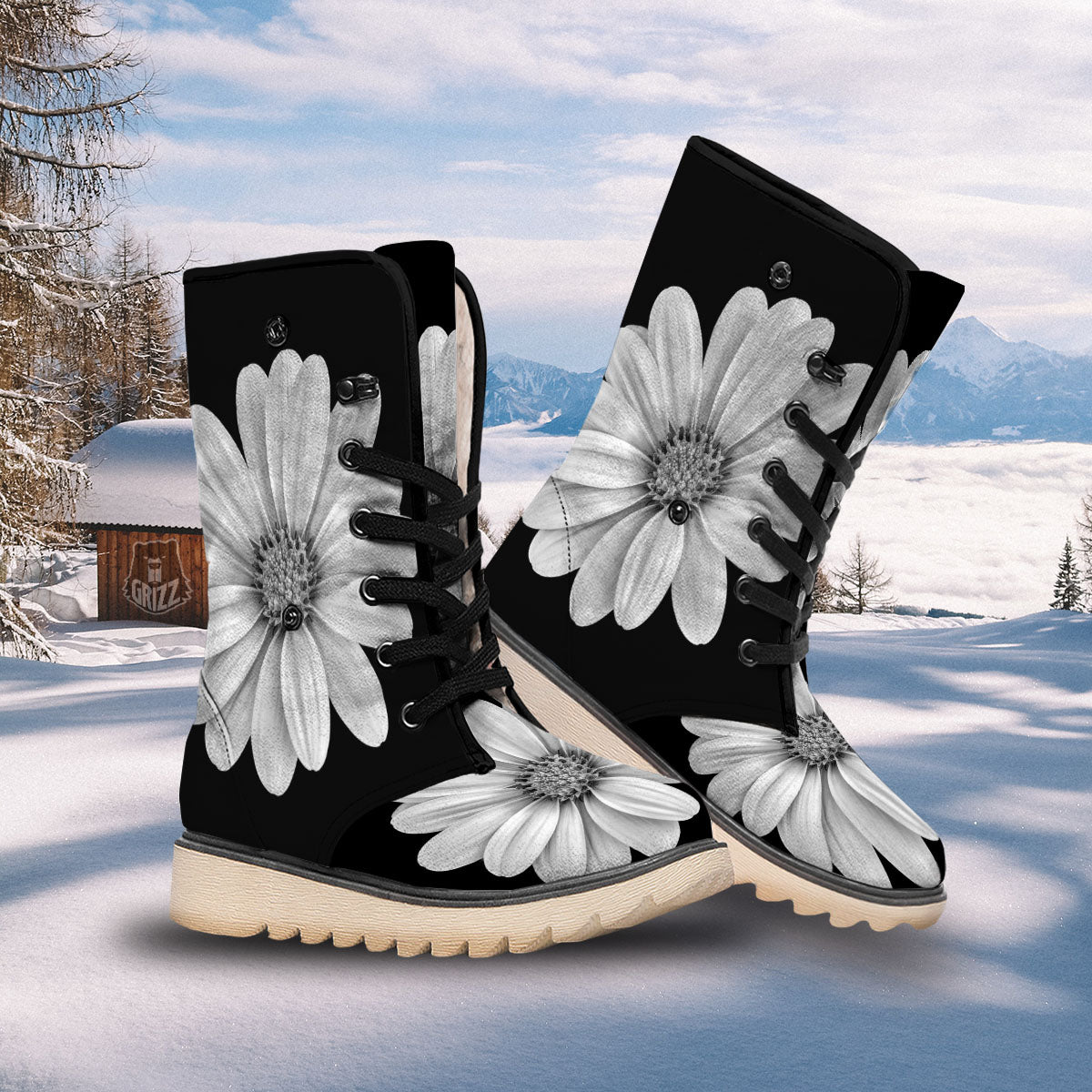 Daisy Flower Monochrome Print Snow Boots-grizzshop