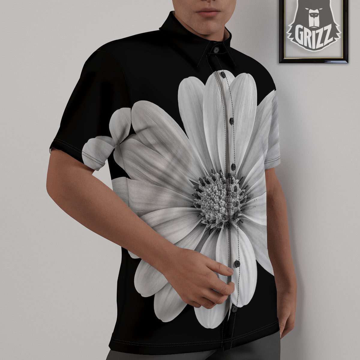 Daisy Flower Monochrome Print Untucked Shirts-grizzshop