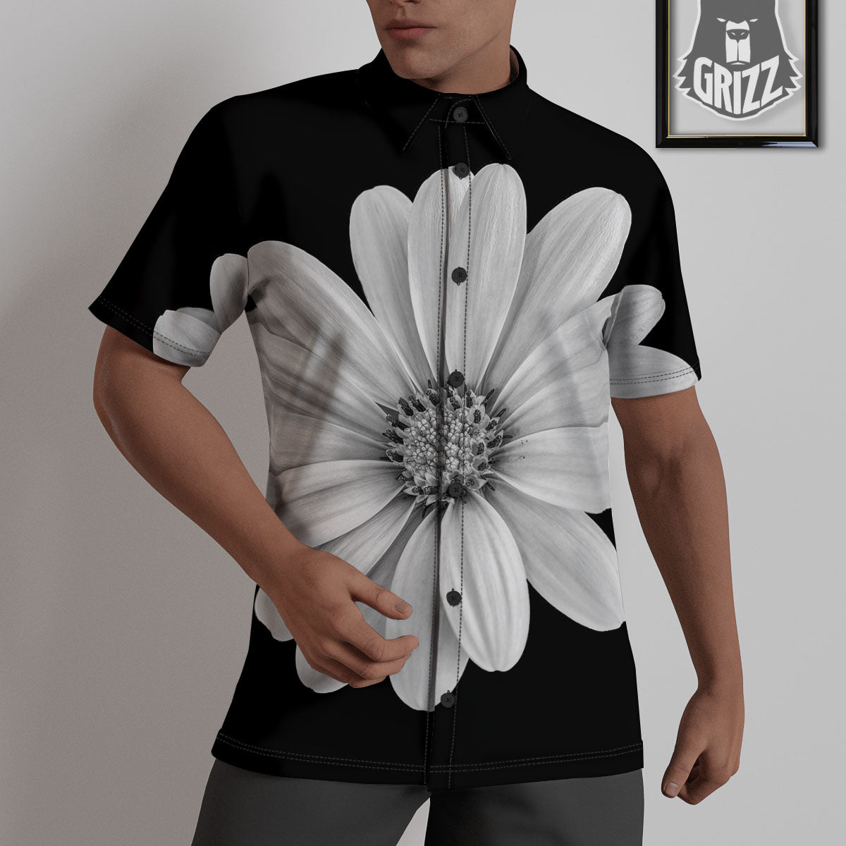 Daisy Flower Monochrome Print Untucked Shirts-grizzshop