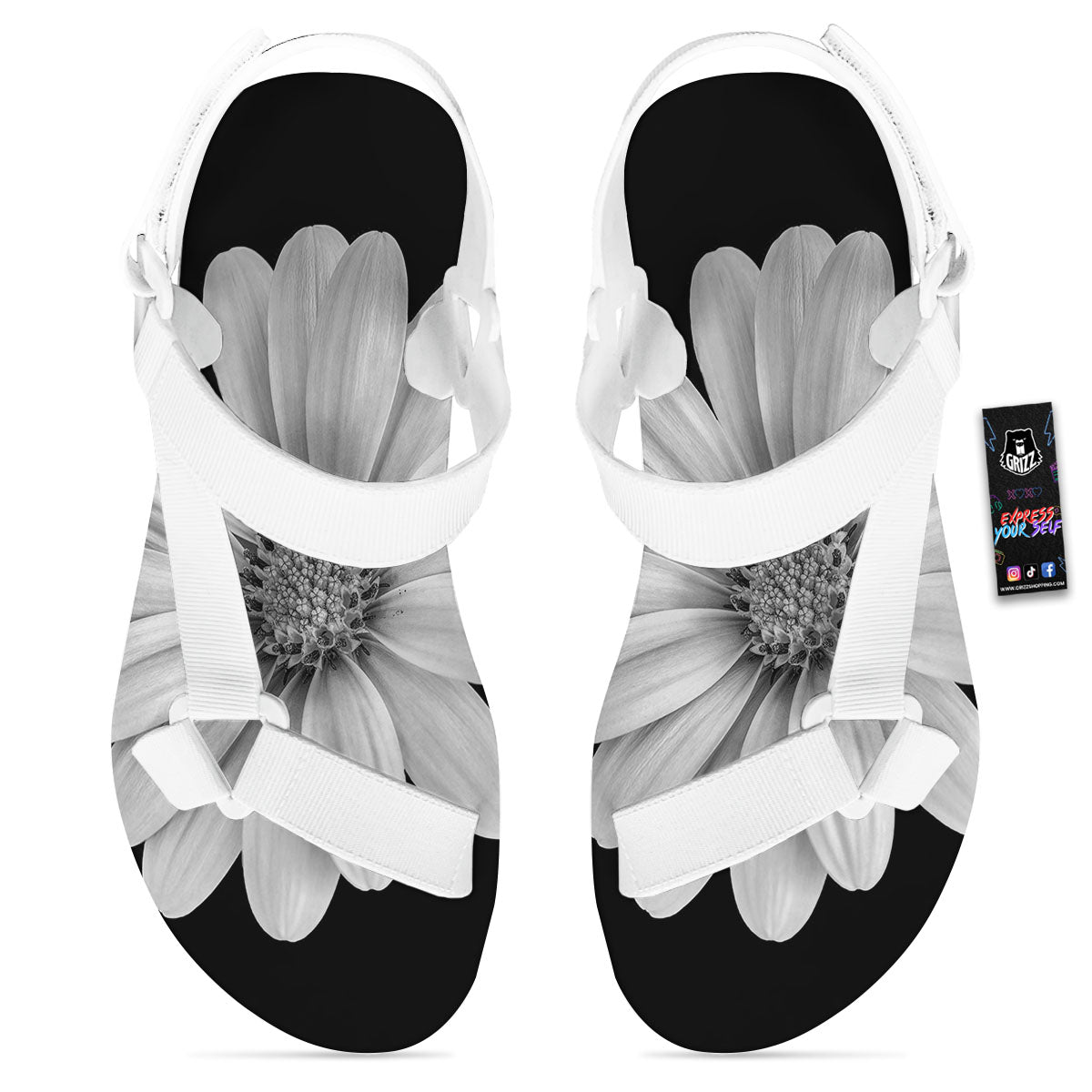 Daisy Flower Monochrome Print White Open Toe Sandals-grizzshop