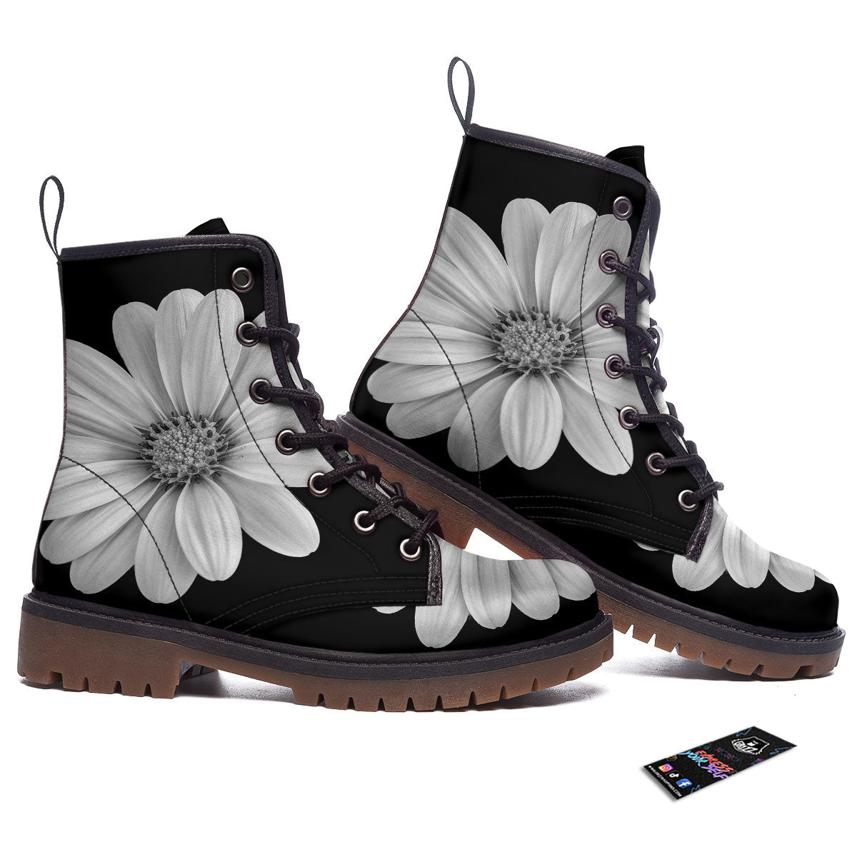 Daisy Flower Monochrome Print Work Boots-grizzshop