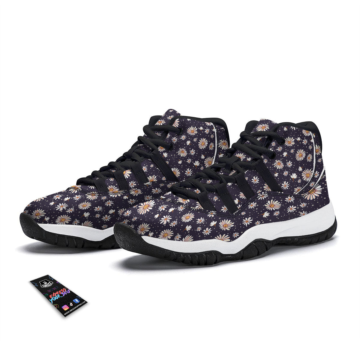 Daisy Flower Polka Dot Print Pattern Black Bball Shoes-grizzshop